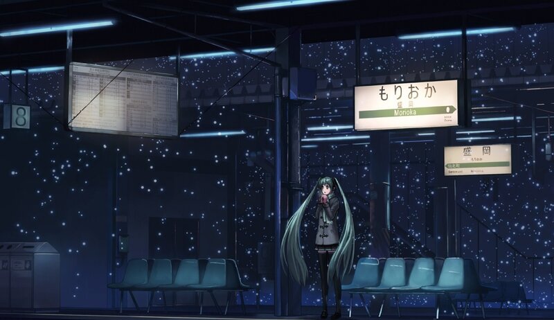 Anime Girl at Train Station — Blue, Calm