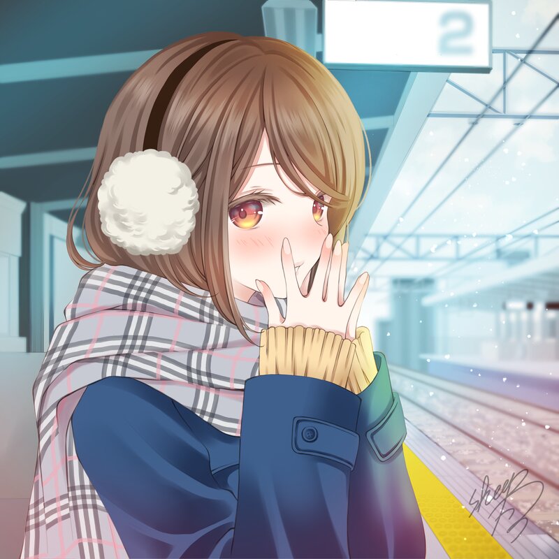 Anime Girl at Train Station — Blue, Calm, Winter, Digital Art