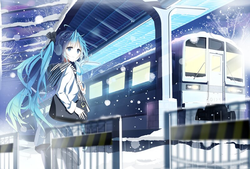 Anime Girl at Train Station — Blue, Calm, Winter