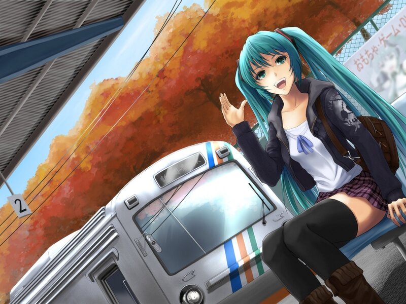 Anime Girl at Train Station — Blue, Cheerful