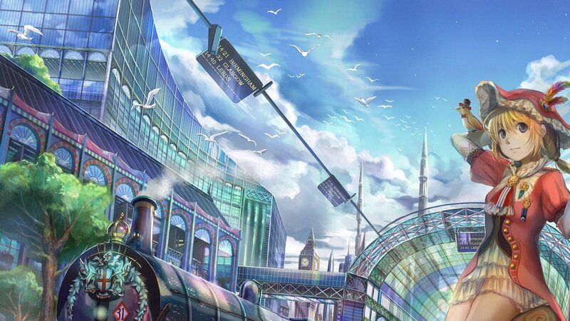 Anime Girl at Train Station — Blue, Serene, Afternoon, Digital Art, Clock Tower