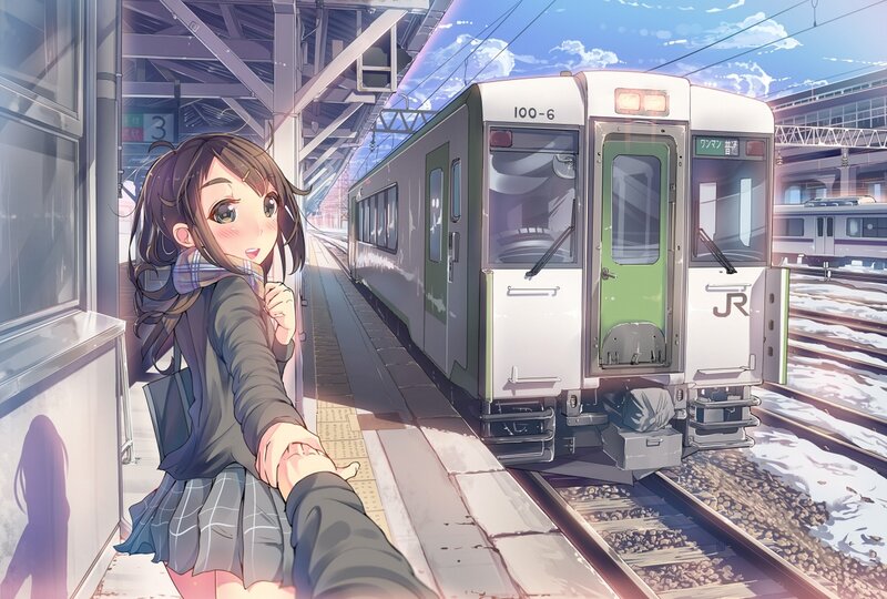Anime Girl at Train Station — Blue, Serene, Afternoon, Digital Art, Platform