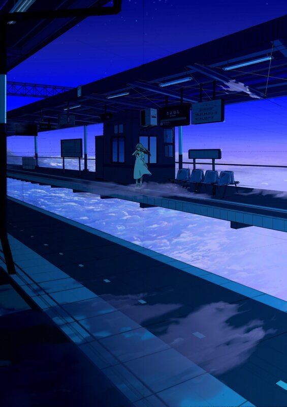 Anime Girl at Train Station — Blue, Serene, Night, Digital Art, Train Platform