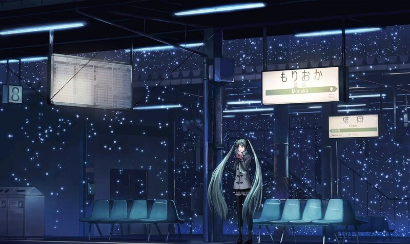 Anime Girl at Train Station — Blue, Serene, Night, Digital Art, Train Station
