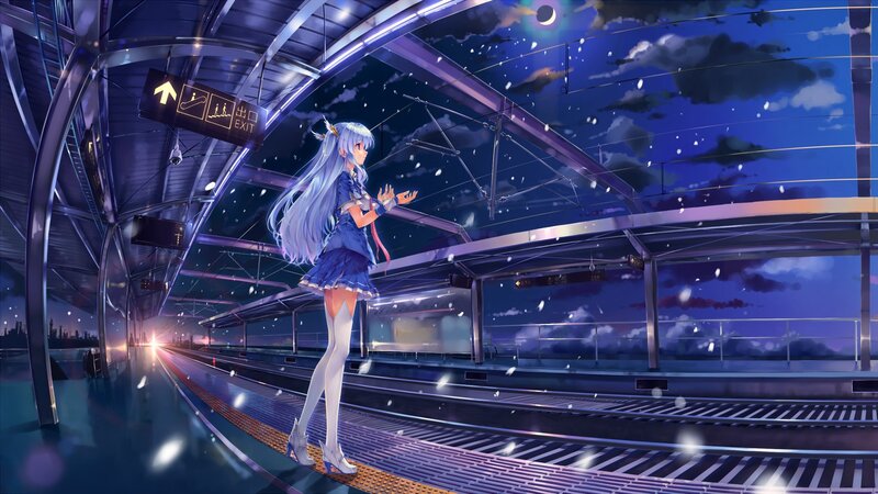 Anime Girl at Train Station — Blue, Serene, Night, Digital Art, Train Tracks