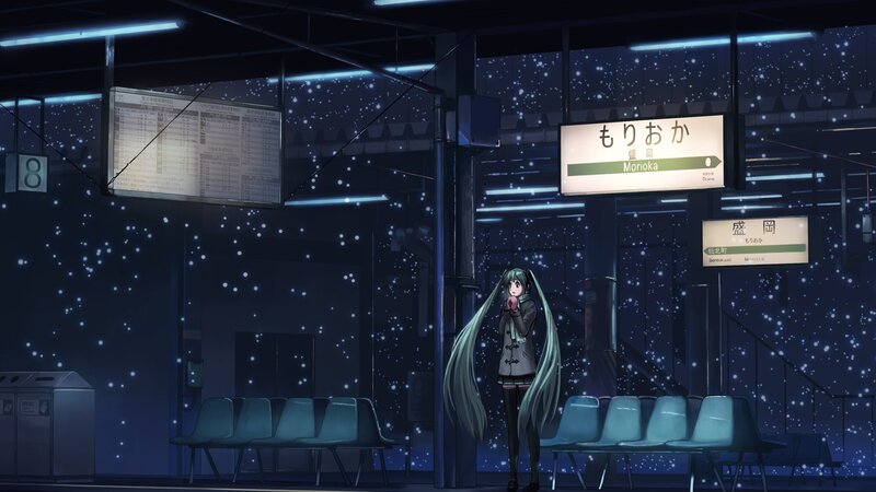 Anime Girl at Train Station — Blue, Serene, Night, Train Station, Seating