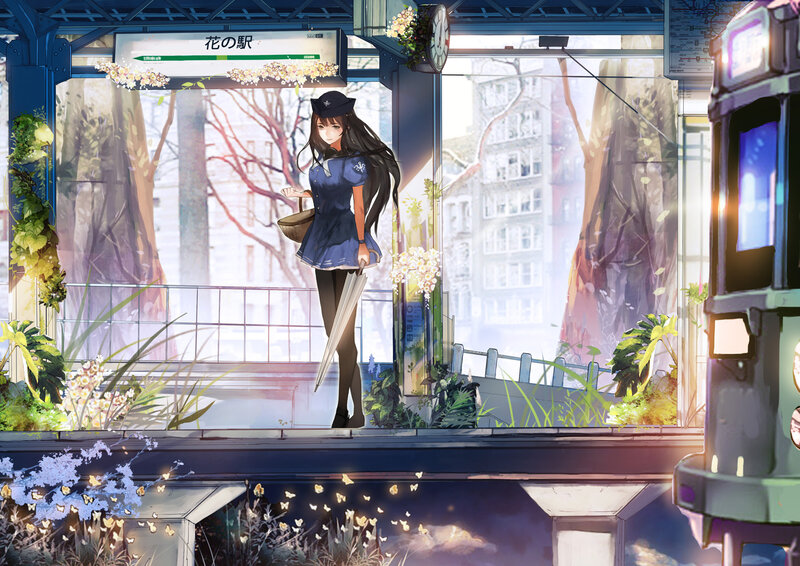 Anime Girl at Train Station — Blue, Serene, Spring