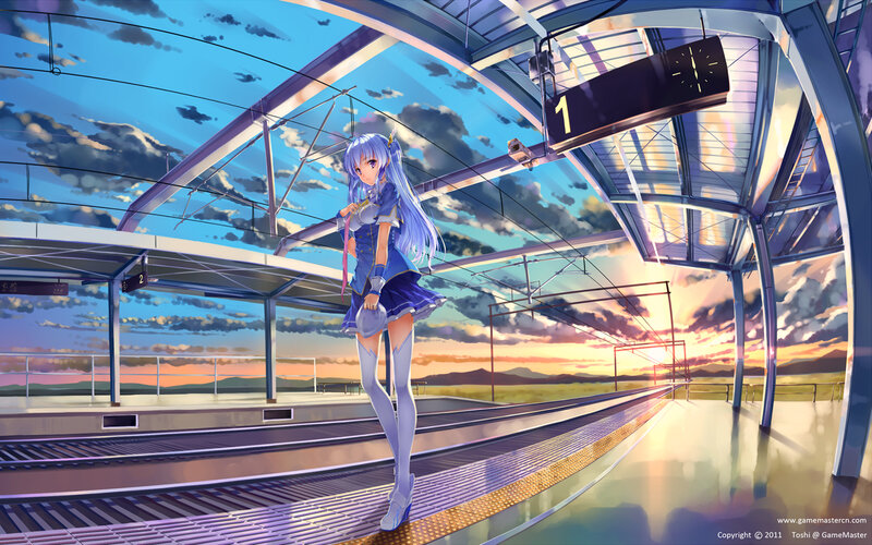Anime Girl at Train Station — Blue, Serene, Sunset
