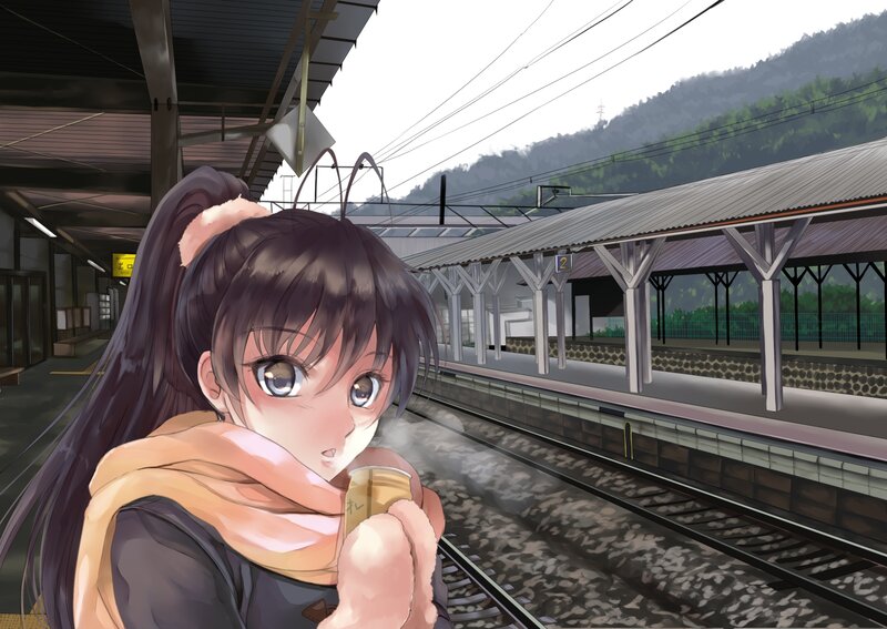 Anime Girl at Train Station — Gray, Calm