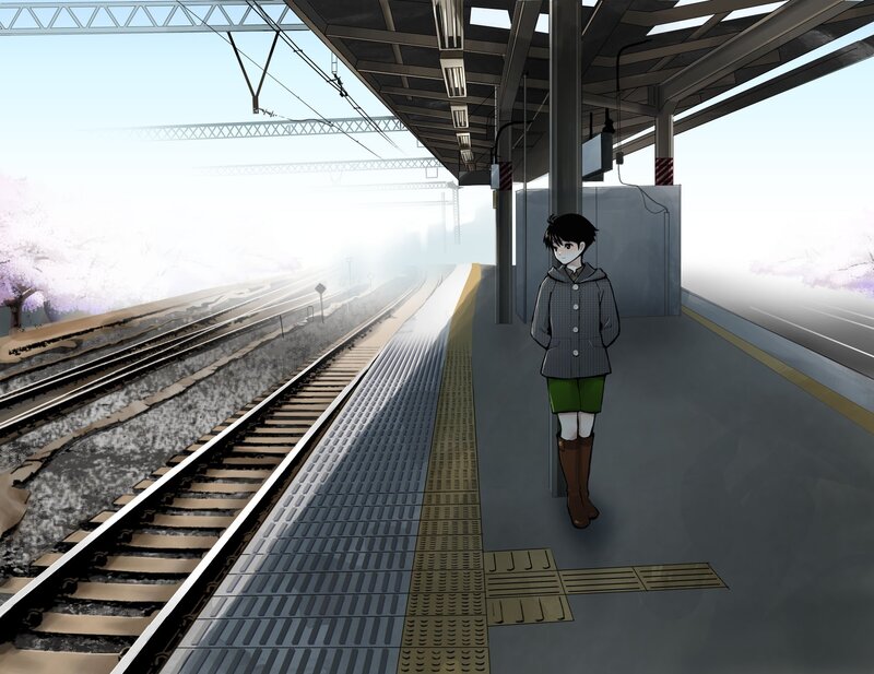 Anime Girl at Train Station — Gray, Serene