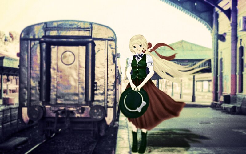 Anime Girl at Train Station — Green, Calm