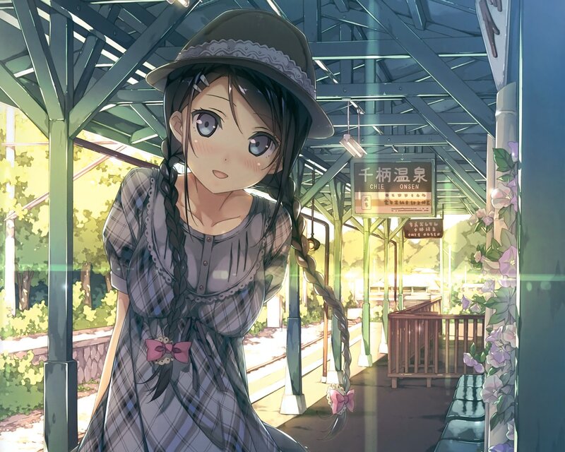 Anime Girl at Train Station — Green, Serene, Afternoon, Train Station, Hat