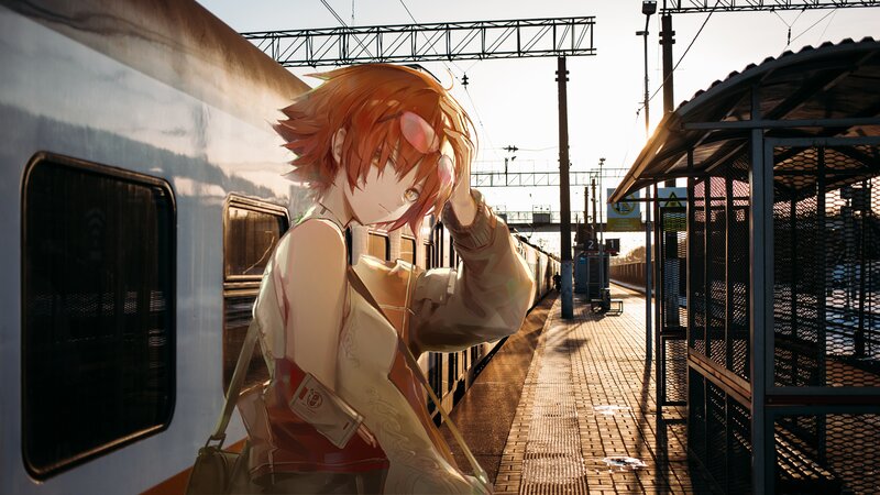 Anime Girl at Train Station — Orange, Calm, Sunset, Digital Art
