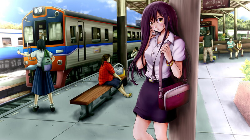 Anime Girl at Train Station — Purple, Calm, Afternoon