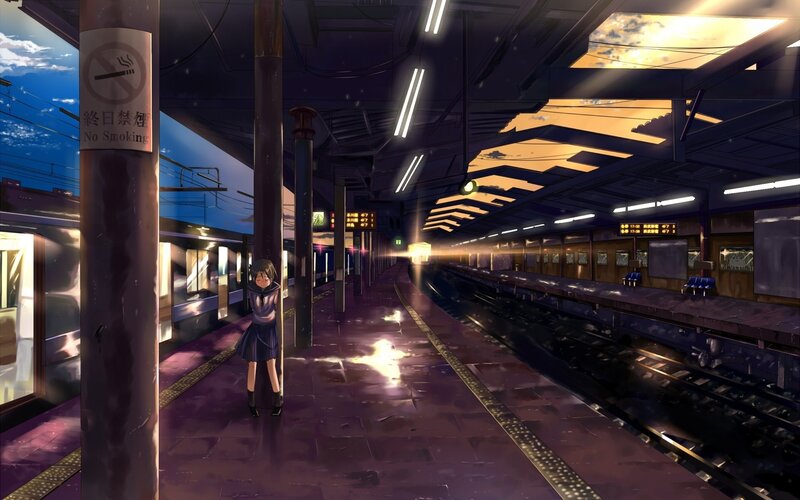 Anime Girl at Train Station — Purple, Dramatic, Night, Digital Art, Platform, Sign