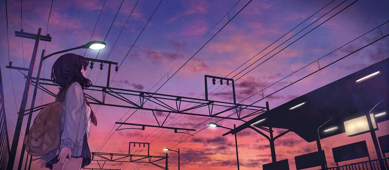 Anime Girl at Train Station — Purple, Dramatic, Sunset, Digital Art