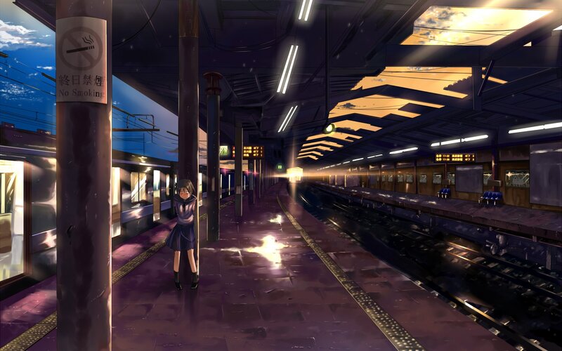 Anime Girl at Train Station — Purple, Dramatic, Sunset