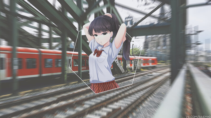 Anime Girl at Train Station — Red, Calm, Afternoon, Digital Art