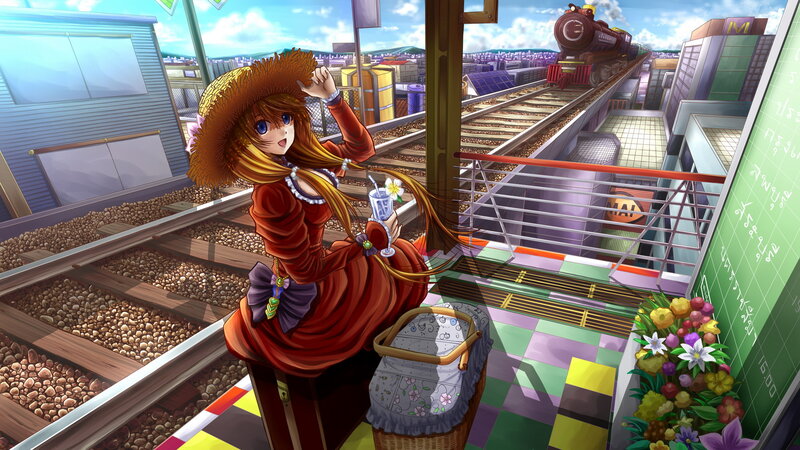Anime Girl at Train Station — Red, Calm