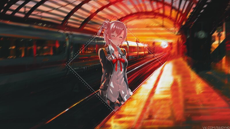 Anime Girl at Train Station — Red, Dramatic, Sunset