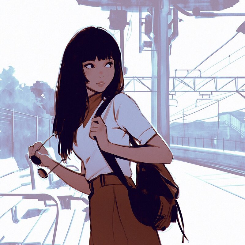 Anime Girl at Train Station — White, Calm