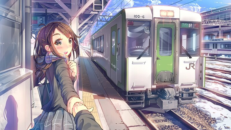 Anime Girl at Train Station — White, Serene, Winter, Platform