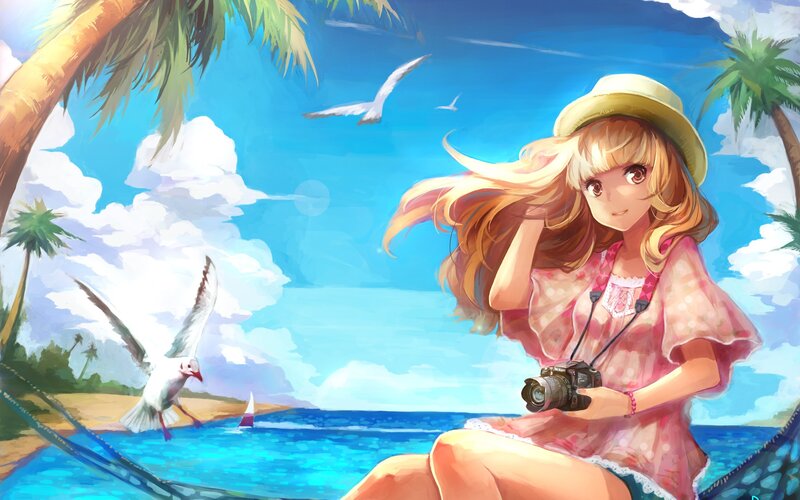 Anime girl at tropical beach