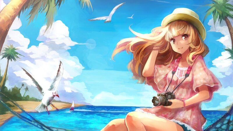 Anime girl at tropical beach