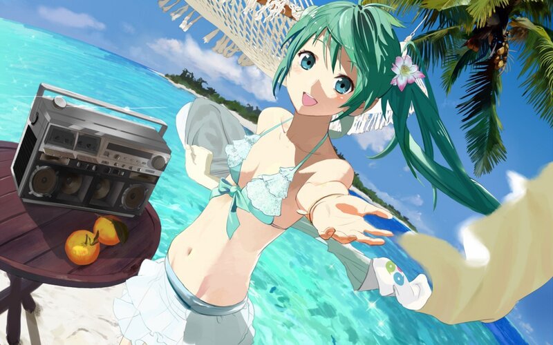 Anime girl at tropical beach