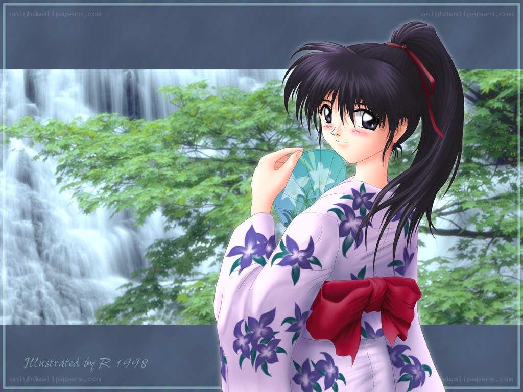 Anime girl at waterfall