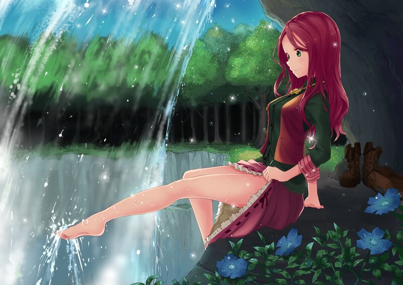 Anime Girl at Waterfall — Green
