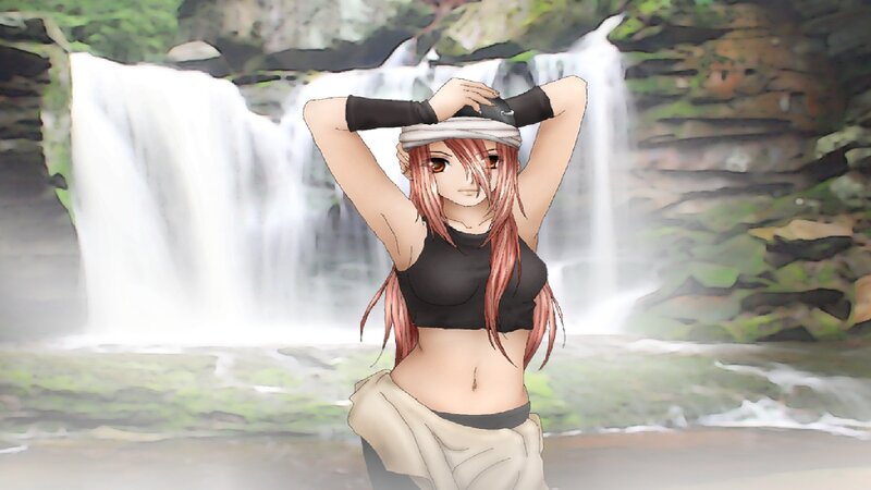 Anime Girl at Waterfall — Pink