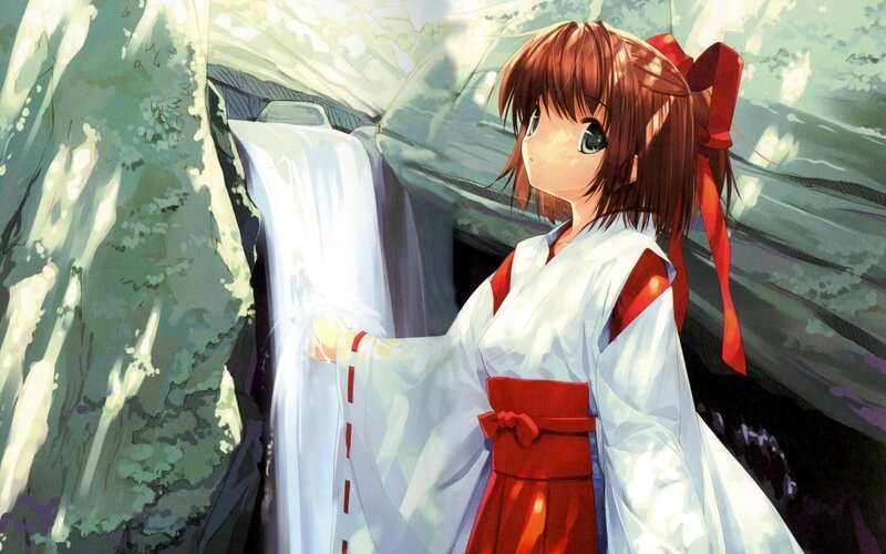 Anime Girl at Waterfall — White