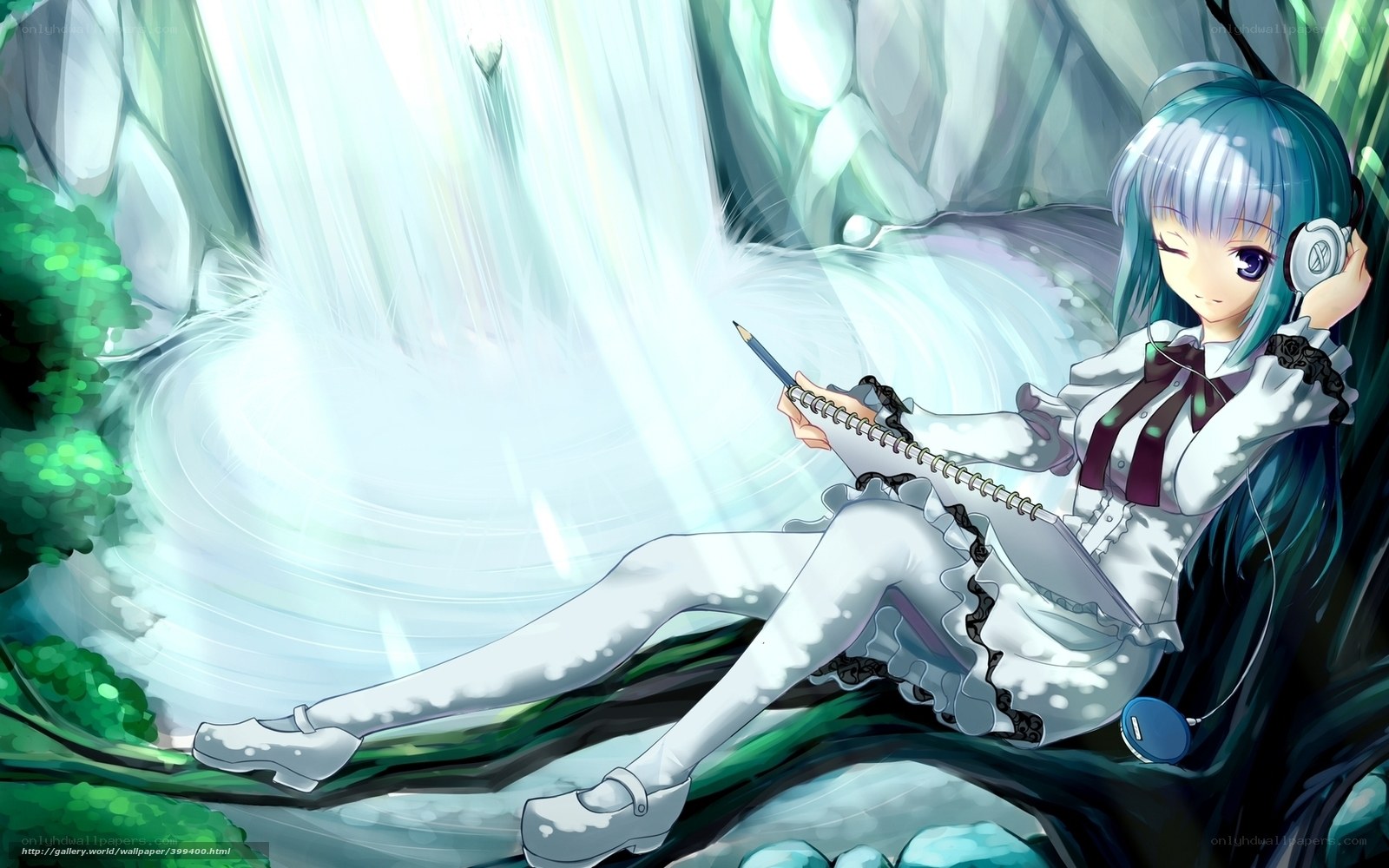 Anime girl at waterfall