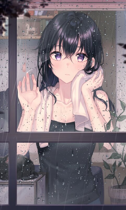 Anime Girl at Window — Black, Melancholic, Night, Digital Art