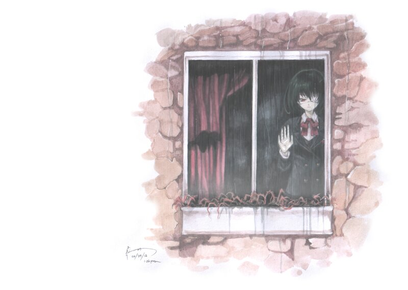 Anime Girl at Window — Black, Melancholic, Night, Manga