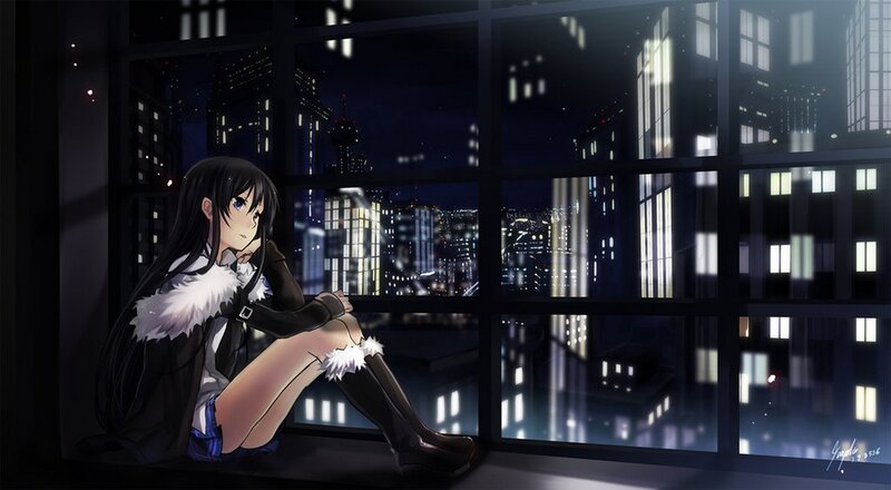 Anime Girl at Window — Black, Melancholic