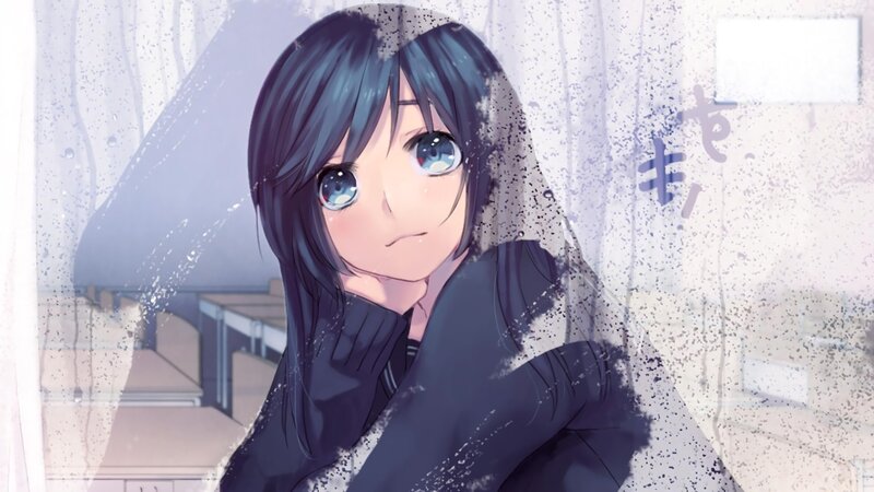 Anime Girl at Window — Blue, Melancholic, Rain
