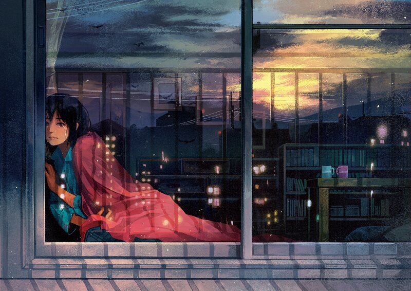Anime Girl at Window — Blue, Melancholic, Sunset