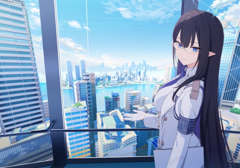 Anime Girl at Window — Blue, Serene, Afternoon, Cityscape