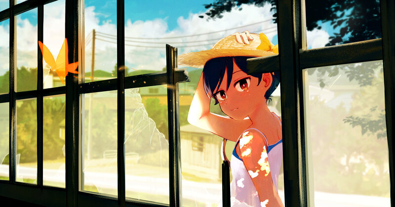 Anime Girl at Window — Blue, Serene, Afternoon, Digital Art