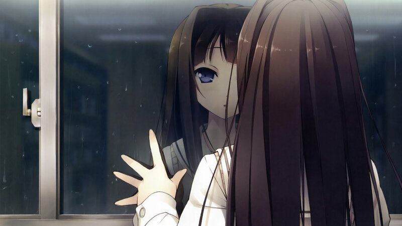 Anime Girl at Window — Brown, Melancholic, Night, Rain, Hand