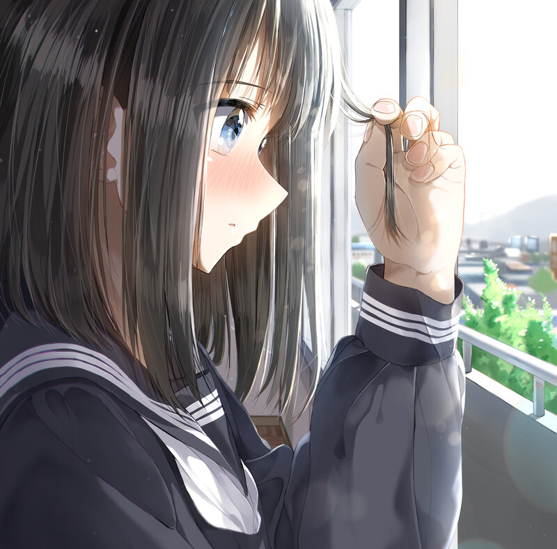 Anime Girl at Window — Gray, Calm