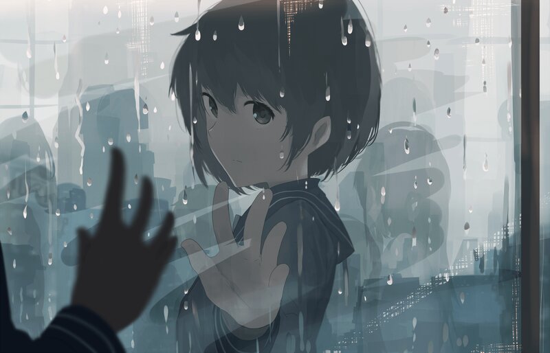 Anime Girl at Window — Gray, Melancholic, Night, Digital Art