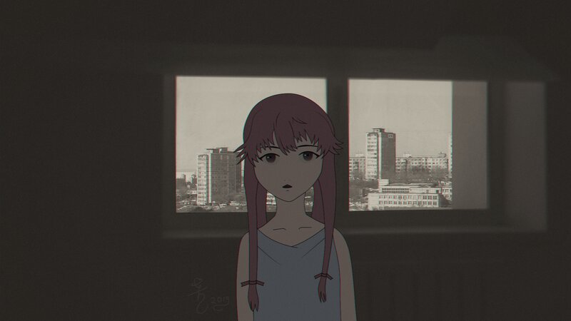 Anime Girl at Window — Gray, Somber