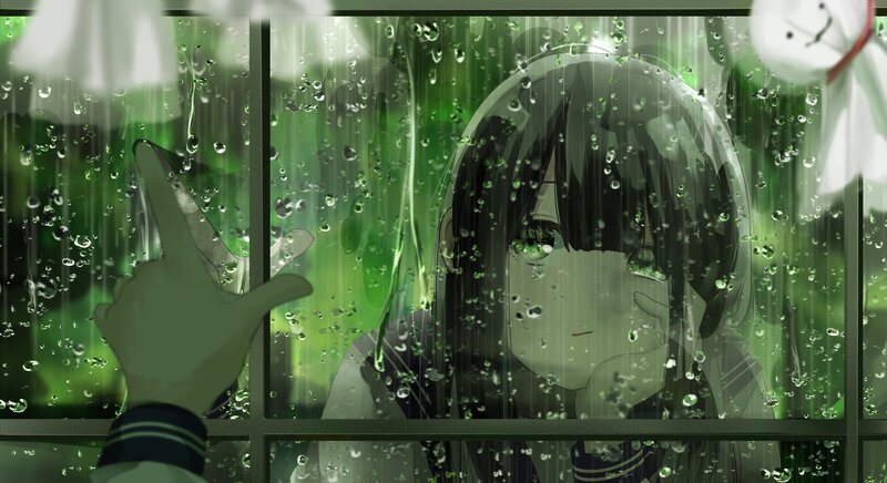 Anime Girl at Window — Green, Melancholic, Digital Art