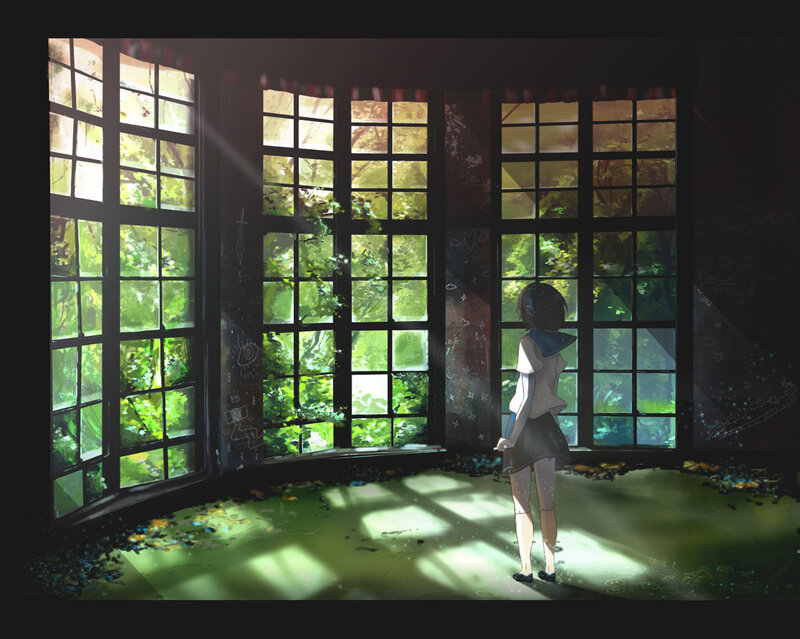 Anime Girl at Window — Green