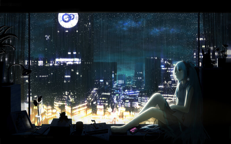 Anime girl at window in rain