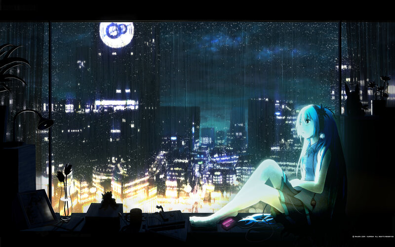 Anime girl at window in rain