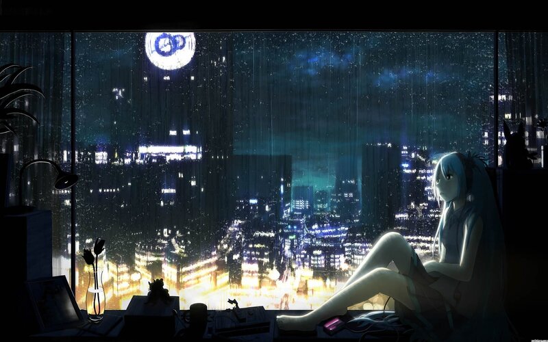 Anime girl at window in rain